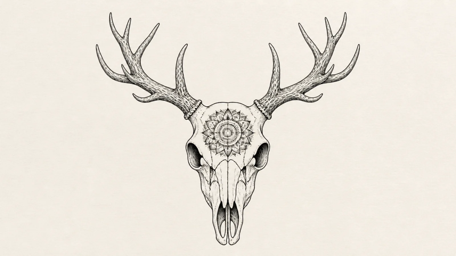 A deer skull decorated with mandala dot-work patterns on the forehead