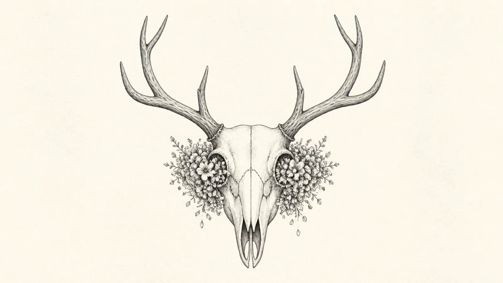A deer skull with small flowers blooming from the eye sockets