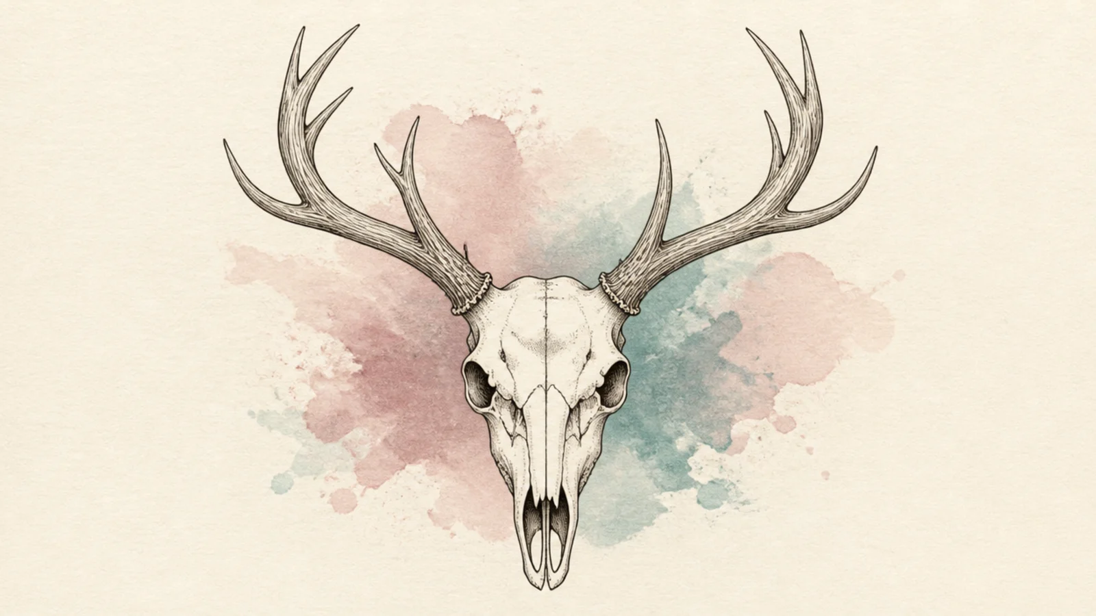 A deer skull over a soft muted watercolor wash background