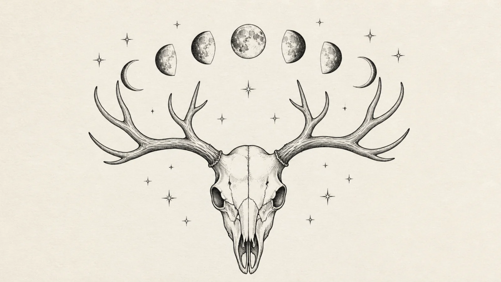 A deer skull framed by moon phases and small stars
