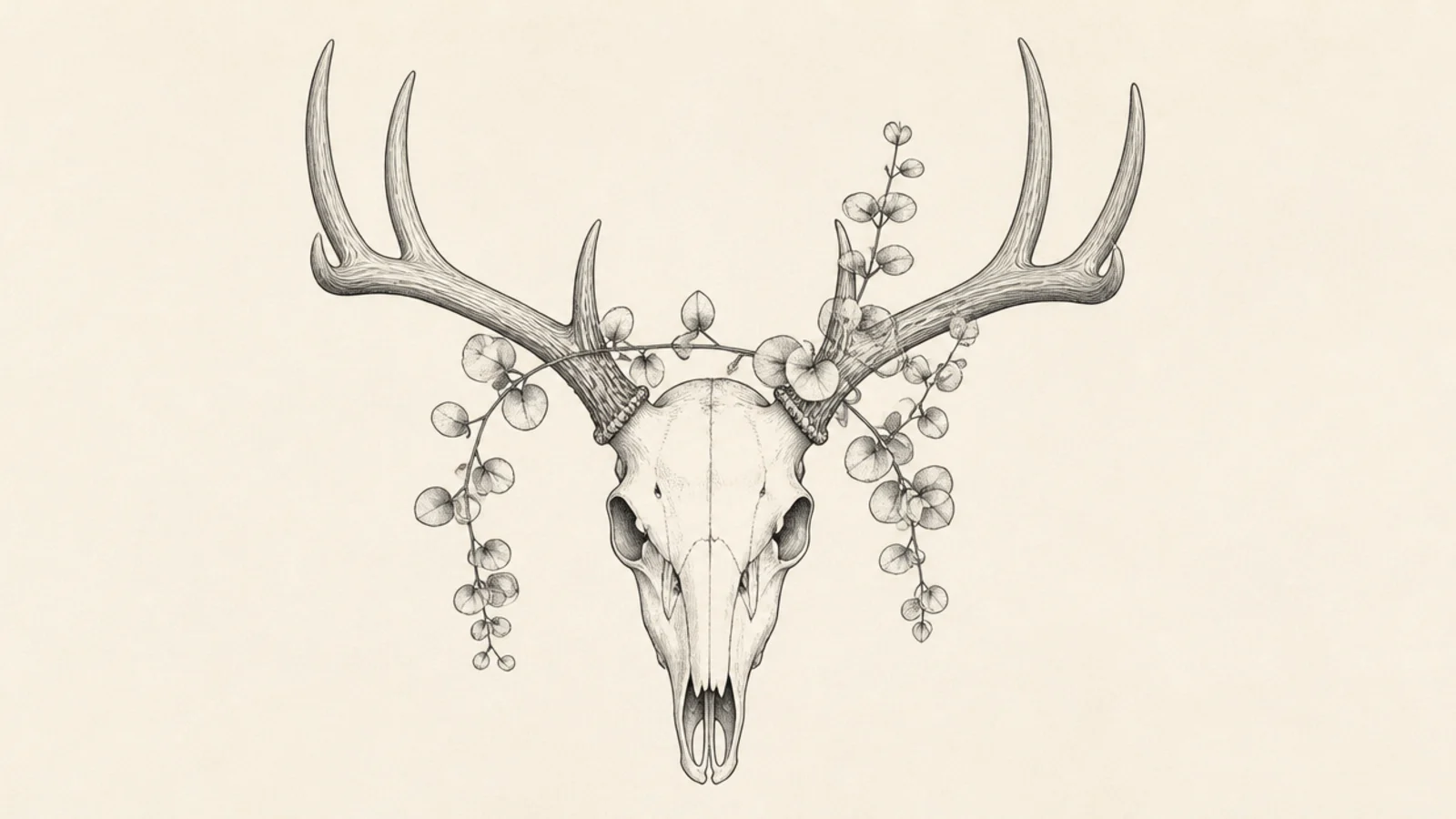 A deer skull with strands of eucalyptus draped over the antlers