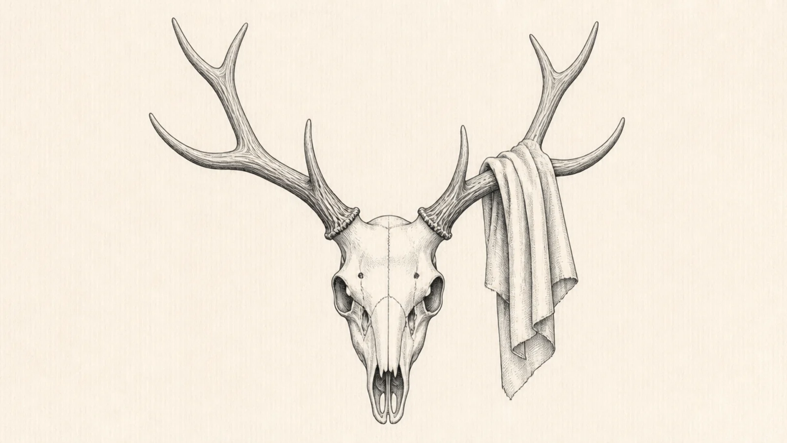 A deer skull with a piece of cloth draped softly over one antler