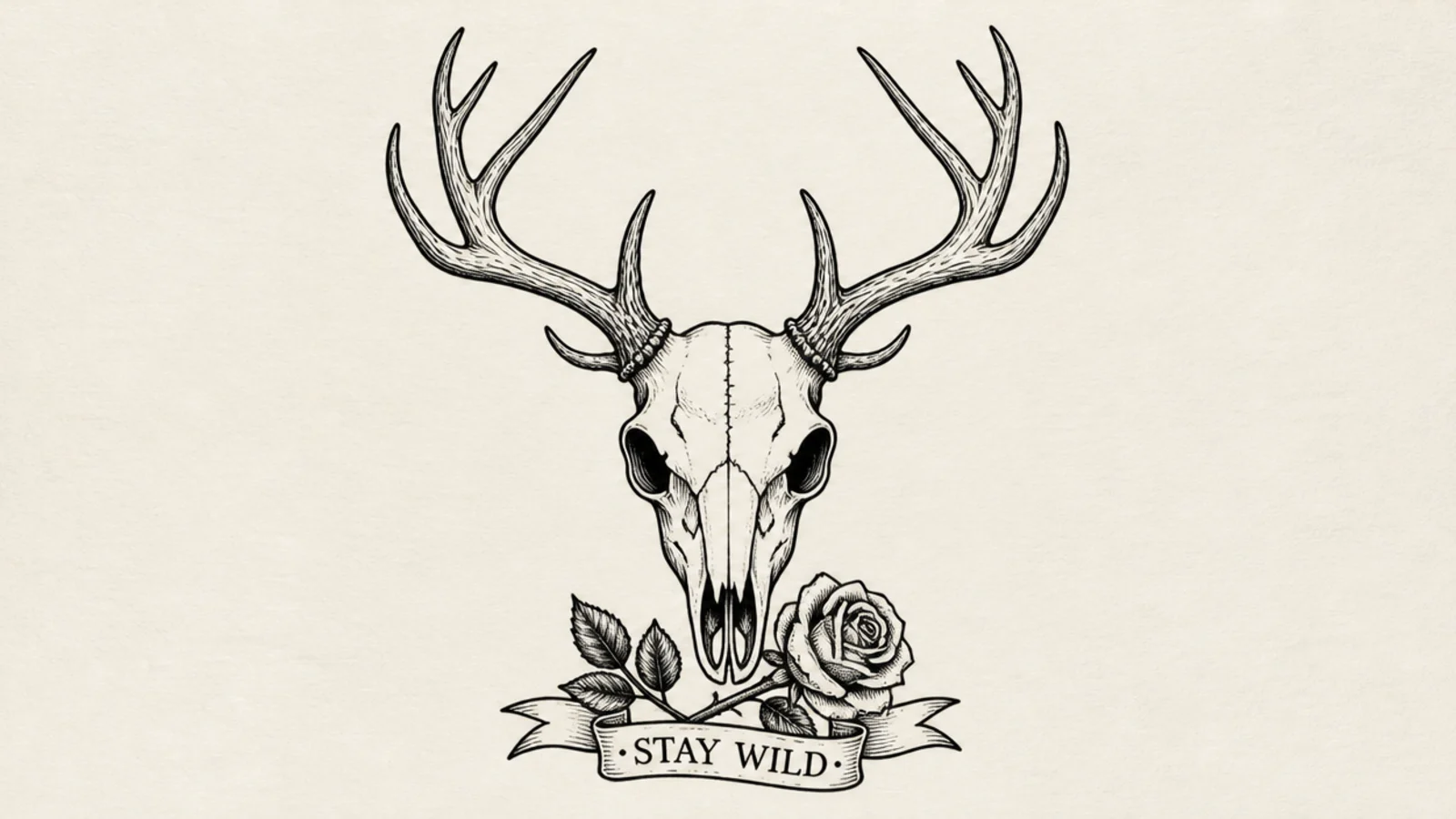 A bold high-contrast deer skull in traditional tattoo flash style