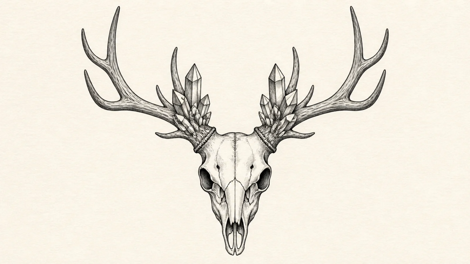 A deer skull with faceted crystals growing from the antler bases