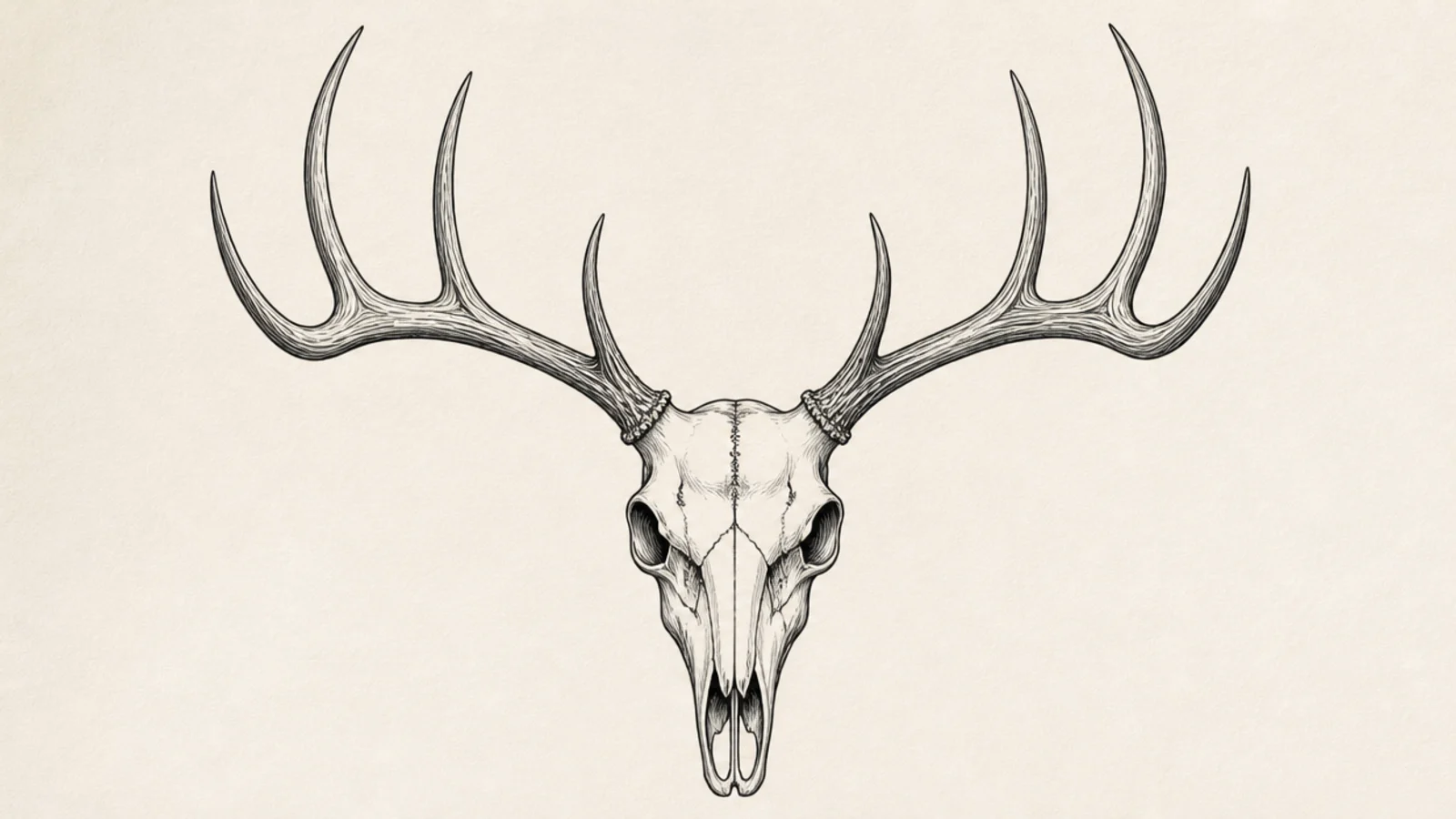 A solid black silhouette of a deer skull with spreading antlers