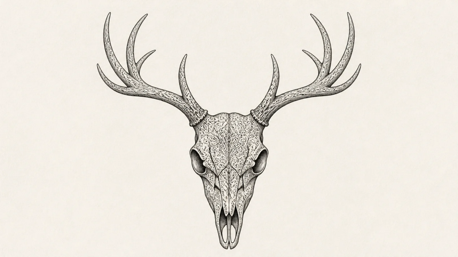 A deer skull covered in decorative filigree line patterns