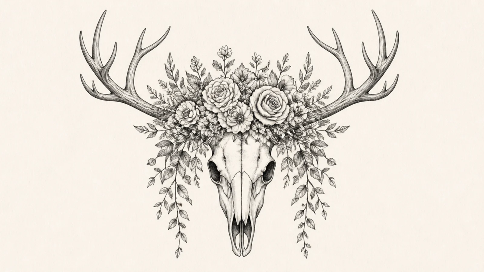 A finished deer skull piece with a lush floral crown and trailing greenery