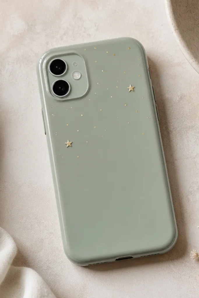 A phone case in soft sage green with small gold foil dots scattered like a mini constellation near the top third, with two tiny star-shaped stickers and a clear glossy finish.