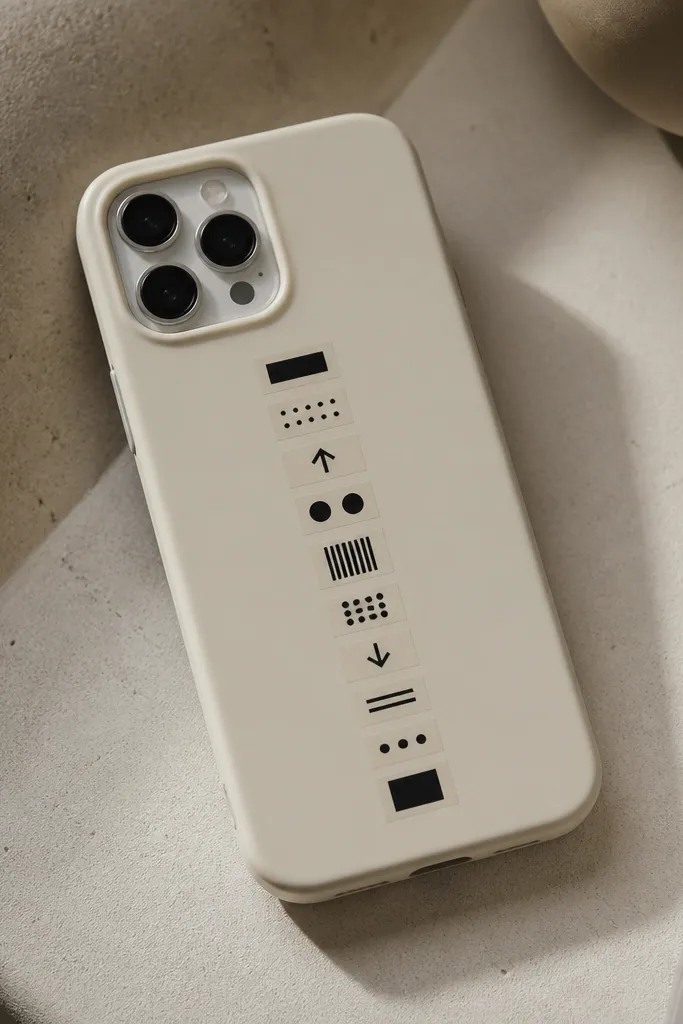 A cream phone case covered with small black label-style stickers that look like printer tags, arranged in a neat vertical line with tiny icons like arrows and dots.