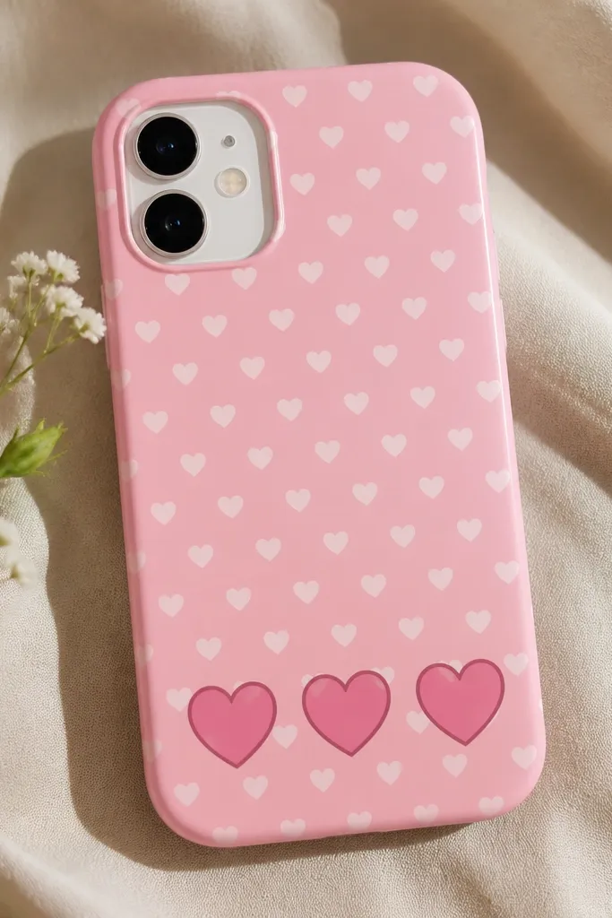 A bubblegum pink phone case with a tight grid of small white hearts, plus three larger pink hearts outlined in darker pink near the bottom.