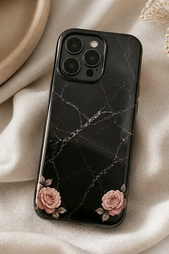 A black marble-effect phone case with two small rose stickers in muted blush placed at opposite bottom corners, with a glossy finish.