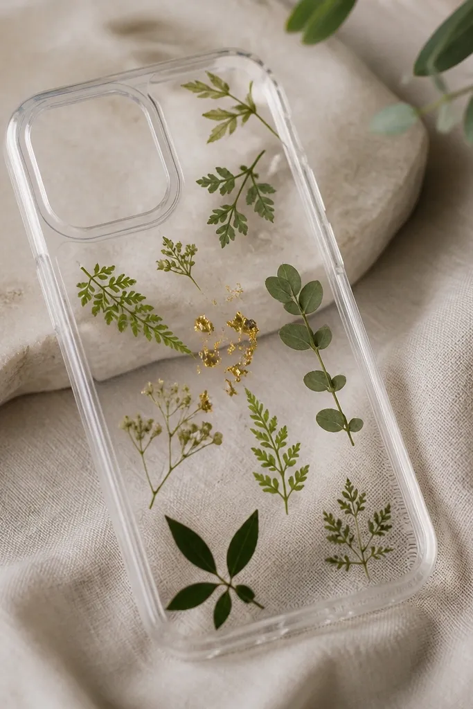 A clear phone case with small pressed green leaves sealed under a transparent top layer, with a few tiny gold specks near the center.