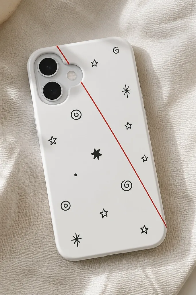 A white phone case with black doodle stickers (small swirls and stars) scattered around, plus one thin red line sticker running diagonally from top-left to bottom-right.