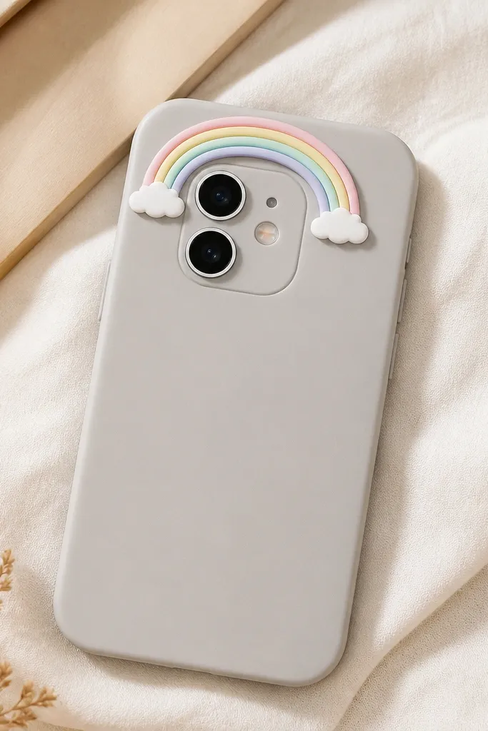 A light gray phone case with a pastel rainbow arc sticker placed above the camera lens, with small cloud stickers tucked at each end.