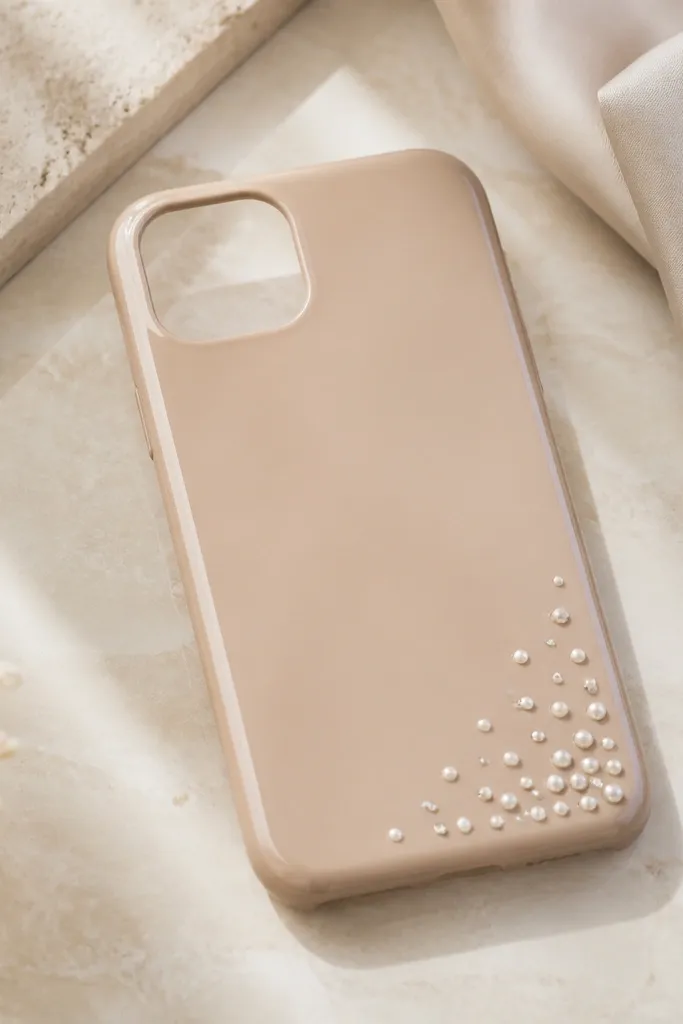 A nude-beige phone case with a corner cluster of small pearl sticker dots and a few tiny rhinestone squares at the bottom-right, with a glossy finish.