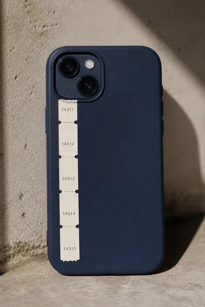 A navy blue phone case with a long white ticket stub sticker strip running vertically near the left side, with tiny black printed numbers and a small cutout notch effect.