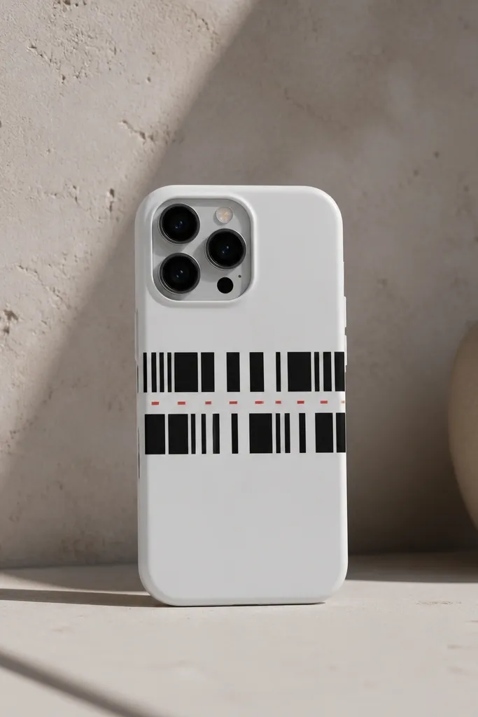 A white phone case with black barcode-style block stickers, placed in two horizontal bands across the middle, with tiny red dash stickers inside one band.