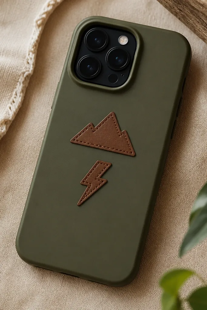 An olive green phone case with small brown leather-look patch stickers shaped like a mountain and a lightning bolt near the center, with stitched-edge styling.