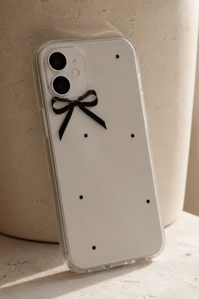 A clear phone case with a black ribbon bow sticker placed behind the camera area, plus a few small black dot stickers around it.