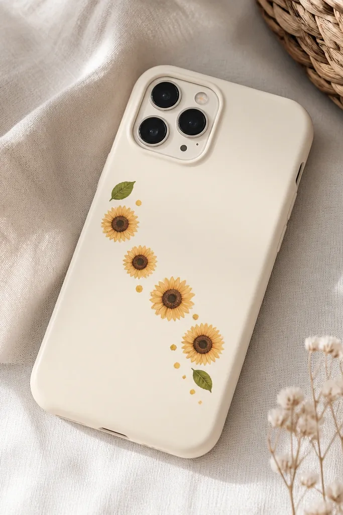 A cream phone case with a sweeping row of small sunflower stickers running from the middle-left toward the bottom-right, with two green leaf stickers and small yellow dot accents.