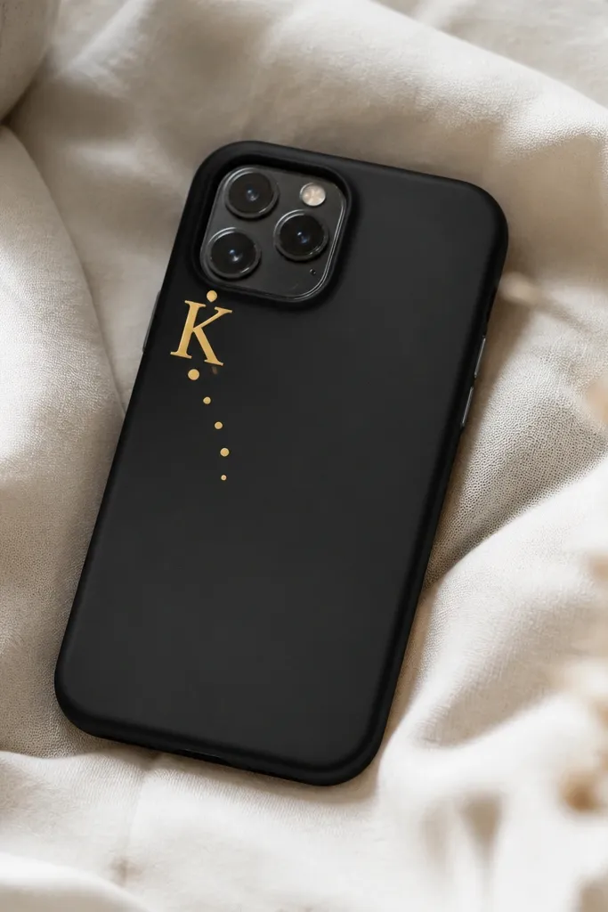 A black phone case with a metallic gold monogram letter sticker in the top-left corner, plus a few tiny gold dots trailing downward.