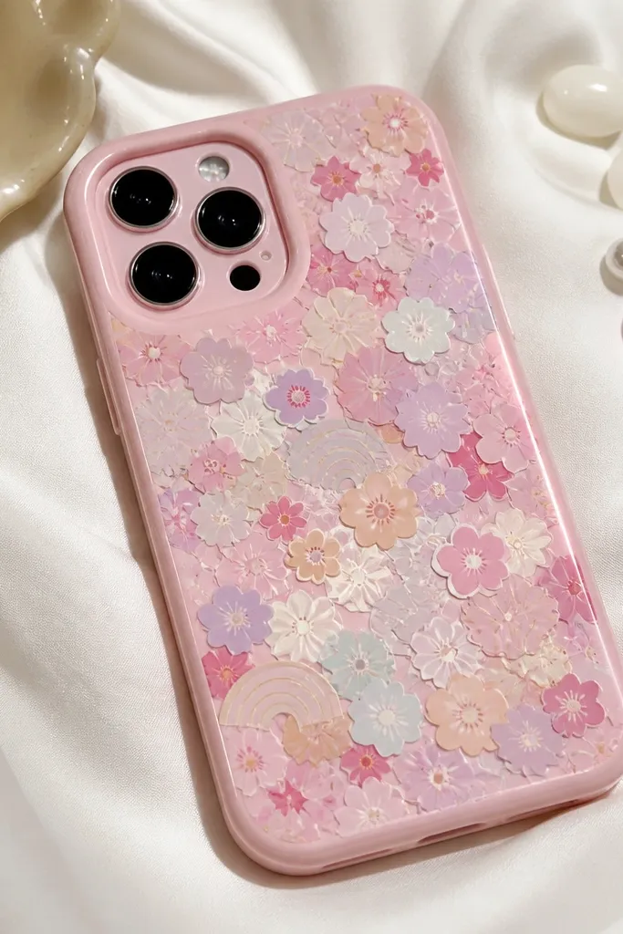 A light pink phone case covered with overlapping small pastel sticker pieces like tiny flowers, stars, and waves, with visible edges sealed smooth and glossy.