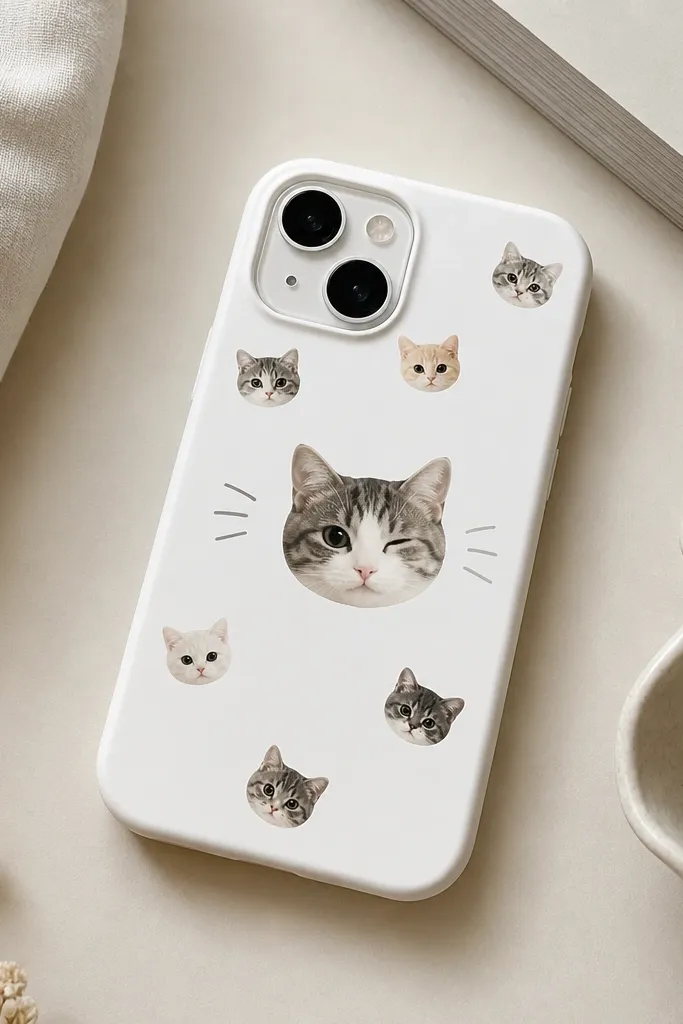 A white phone case with multiple small cat face stickers scattered, and one larger cat face with a wink near the center, plus a thin gray whisker doodle around it.