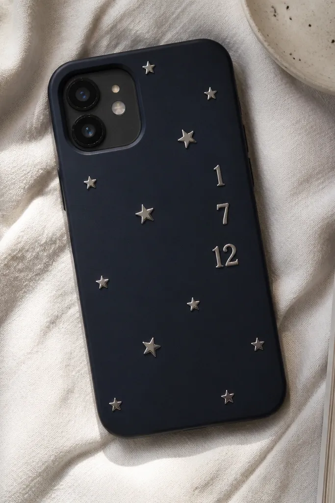 A navy or charcoal phone case with metallic silver stars scattered and a small vertical column of metallic number stickers like 1, 7, 12 near the right side.