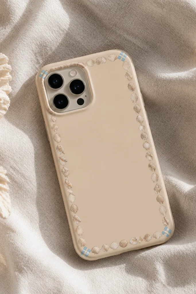 A light sand-beige phone case with a thin seashell border sticker around the edges and tiny blue stripe stickers near the corners, glossy finish.