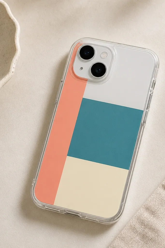 A clear phone case with three color-block sticker panels: a coral vertical strip on the left, a teal strip across the middle, and a cream strip at the bottom, with sharp edges.