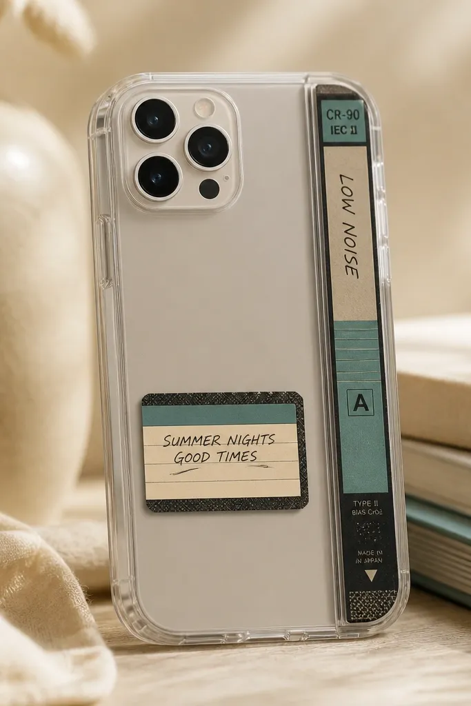 A clear phone case with a vertical retro cassette-tape spine sticker running down one edge, plus a small rectangular label area near the middle with handwritten-style text and a glossy tape-strip border; warm beige background tones and muted teal accents.