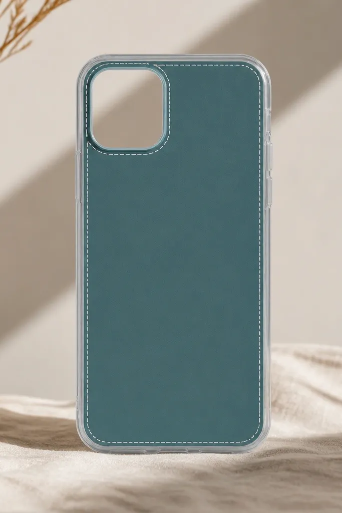 A phone case shown straight-on with a clear matte base. Around the edges there are thin white vinyl lines that look like stitched seams, with tiny corner markers in light gray. The center is a solid muted teal, and the surface looks smooth but slightly grippy under light.