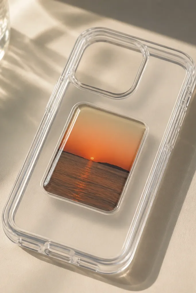A clear hard case with a small rectangular photo window in the center. The photo has a warm sunset gradient, and over it there is a glossy domed resin layer that catches highlights like a store-bought case. The rest of the case is transparent with crisp edges.