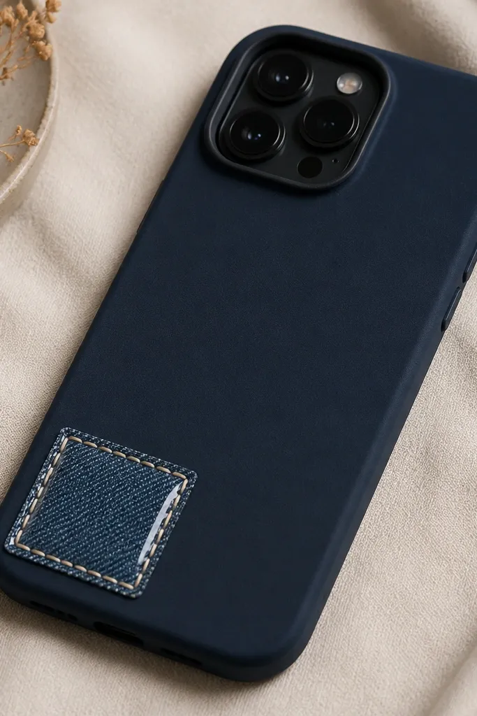 A dark navy phone case with a small denim patch near the bottom left corner. The denim texture is visible, with a stitched border in light thread. There's a glossy clear layer over the patch, and the rest of the case looks matte and grippy.