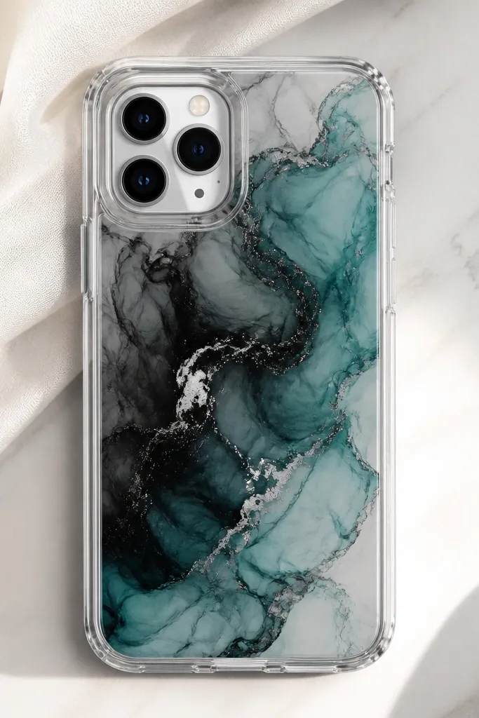 A clear TPU phone case with swirling marbled patterns in teal, black, and a touch of silver. The ink looks like smoke under glass, with wispy edges and a glossy finish. The camera cutout remains sharp and clean.