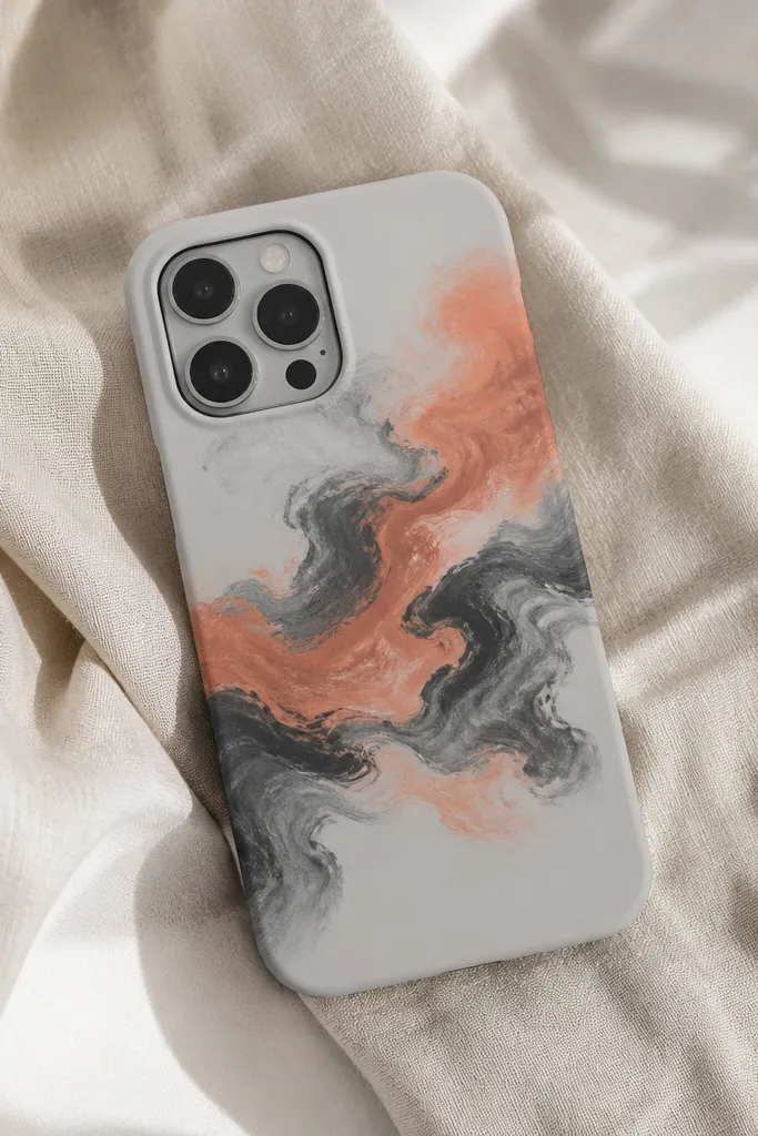 A light gray phone case with swirls of coral and black nail polish across the center. The finish is matte, so the swirls look like painted clouds instead of glossy gel. The edges are clean with no drips.