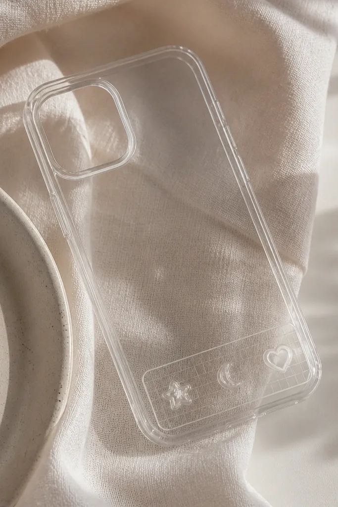 A transparent phone case with a grid of tiny vinyl icons near the bottom - a star, a moon, a heart outline. There is a clear glossy border line around the icon area, and the rest of the case is clean and see-through.