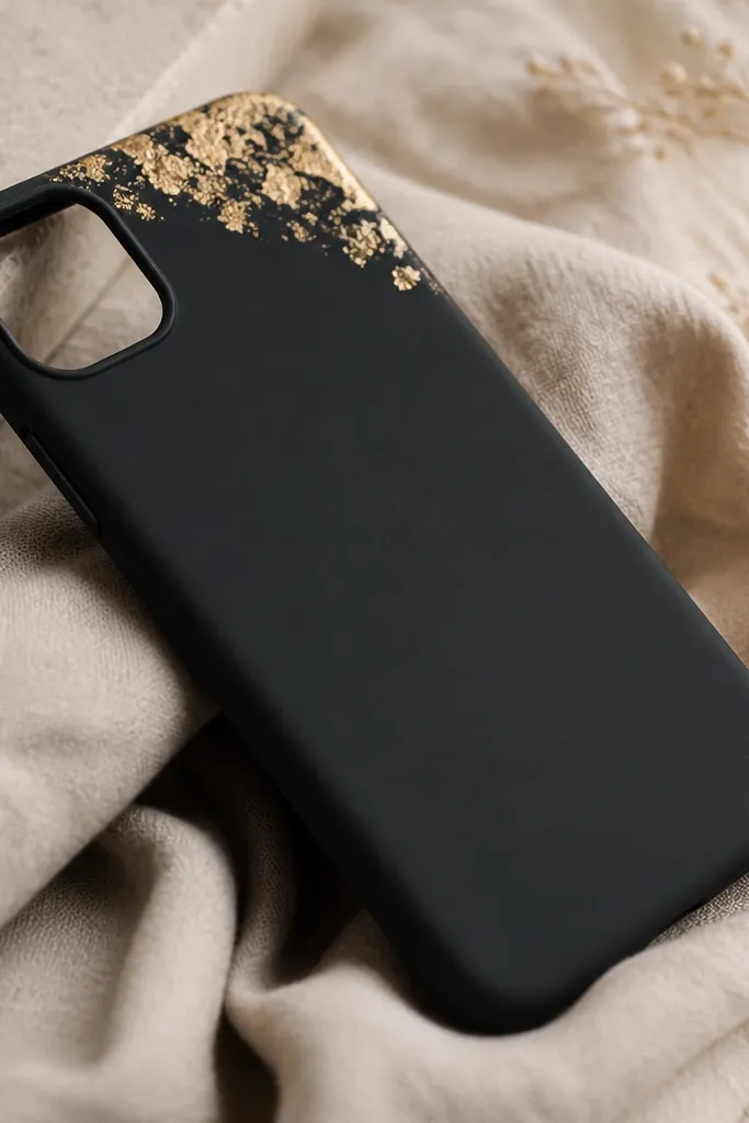 A matte black phone case with a small gold leaf shape along the top edge. The gold has uneven flakes and catches light in small sparkles. The camera area is clean, and the rest of the case is matte with a soft texture.