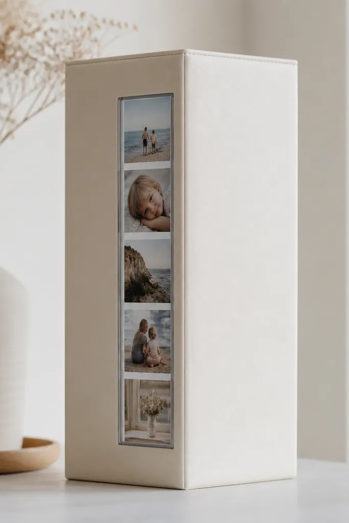 A case with a narrow vertical window on the side showing a strip of small photos. The photos look like mini frames with light borders. The window has a glossy clear layer, while the rest of the case is a solid color.