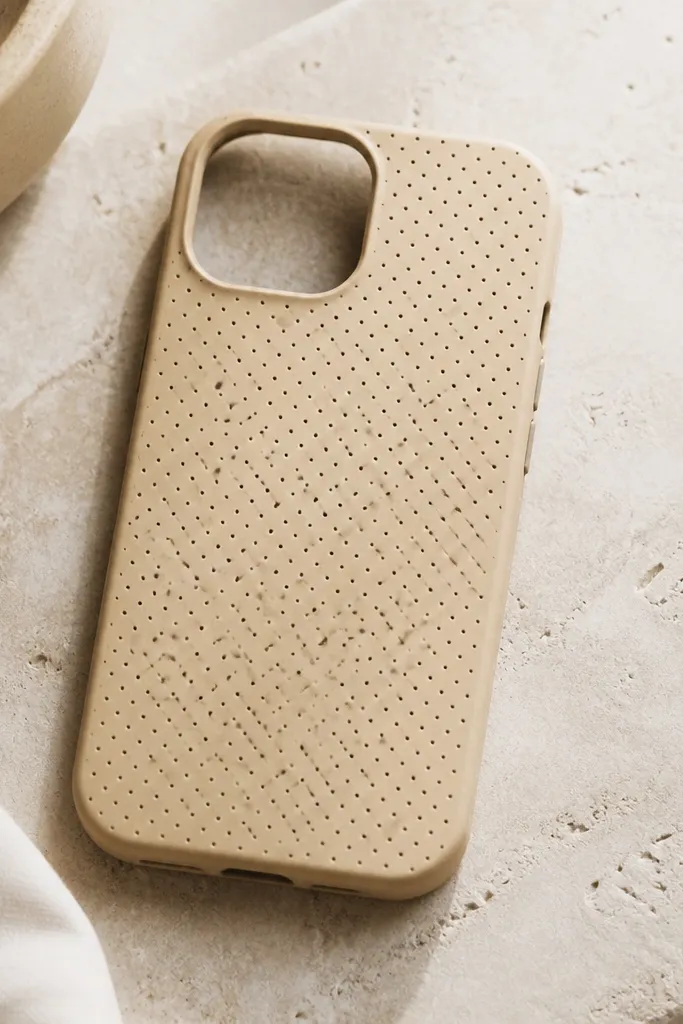A light tan phone case with a repeating pattern of small dots. The dots look like a punched stencil rather than printed graphics. The finish is matte and uniform, with clean edges around the camera opening.
