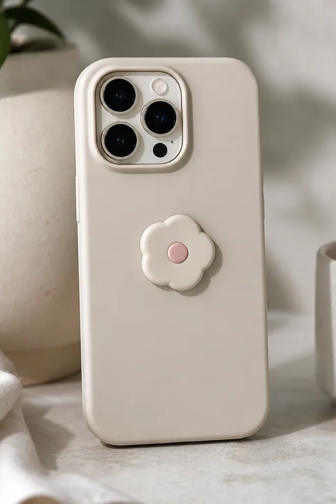 A case with a small magnetic disc on the back center. A matching removable charm sits over it, and the charm has a tiny color accent. The case surface is smooth, and the charm looks centered and sturdy.