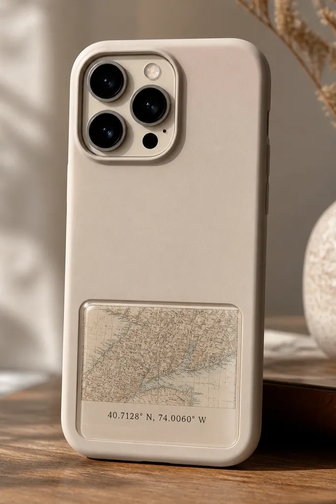 A case with a small rectangle of vintage map print near the bottom, with coordinates text in a simple font. There's a glossy clear frame around the map panel, while the case background looks semi-matte.