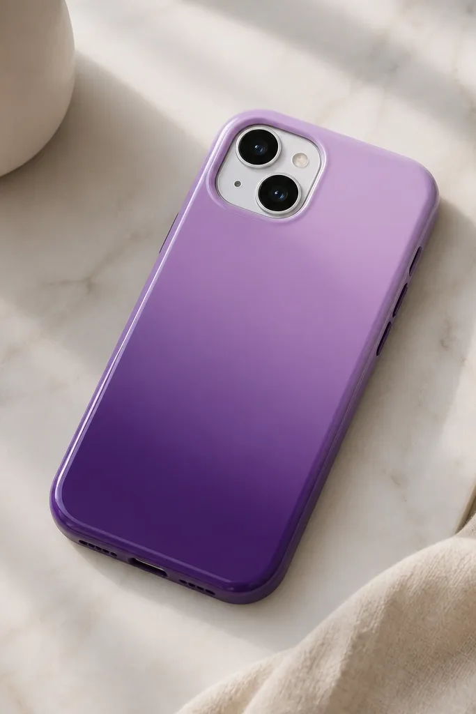 A phone case with a smooth gradient from dark purple at the bottom to soft lilac at the top. The gradient edges are crisp because of a stencil. The final finish is glossy and glass-like.