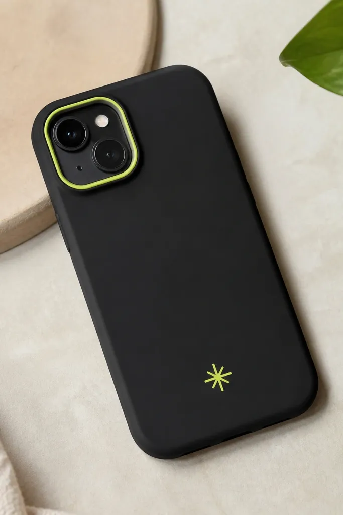 A store-bought solid case with a plain black back. The DIY part adds clean painted accents: a thin lime outline around the camera bump and a small symbol near the bottom. The paint looks smooth and sealed.