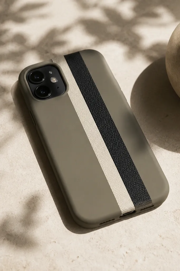 A matte case with two vertical fabric tape bands on the back - one in cream, one in black. The tape texture is visible but sealed so it feels smooth. The grip looks intentional and not messy.