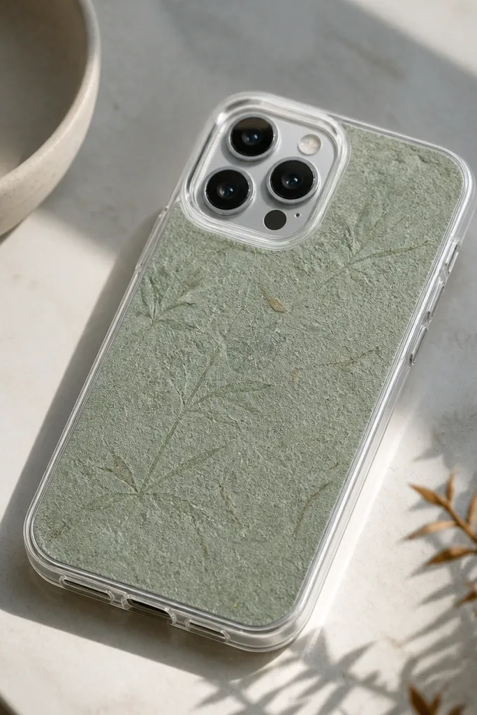 A clear case where the backer looks like textured paper. The texture has tiny fibers and a subtle pattern in muted green. The phone camera area still looks clear and sharp, and the whole back looks deeper than plain plastic.