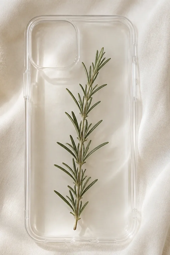 A clear TPU phone case with a small dried rosemary sprig centered vertically, camera area left open. The sprig looks deep green and slightly translucent, sealed under glossy clear coat with no bubbles.