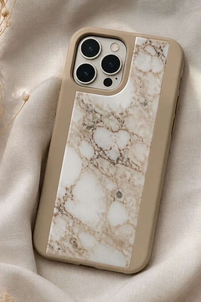A matte beige phone case with a centered vertical panel of marble-pattern scrapbook paper. The panel has clean edges and a glossy clear coat that makes the paper look like glass.