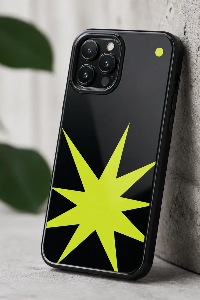 A black TPU phone case with a bold neon starburst shape in the lower half. The edges are crisp, and a tiny neon dot sits near the top corner, with a glossy clear finish.