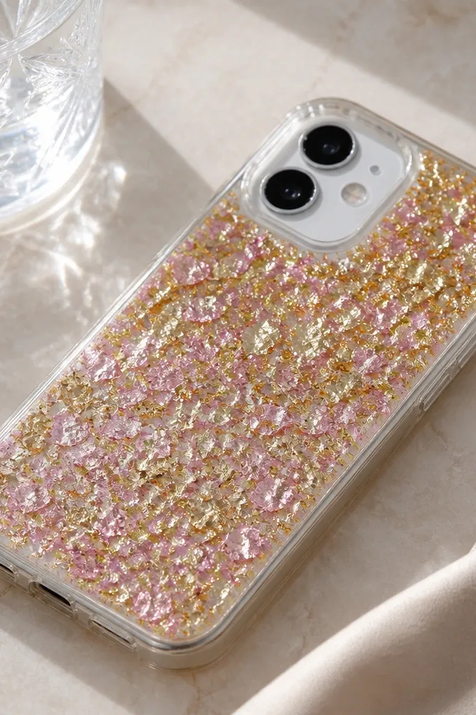 A clear TPU case filled with small metallic foil confetti pieces in gold and pink. The pieces are sealed under a smooth glossy layer with no visible gaps.
